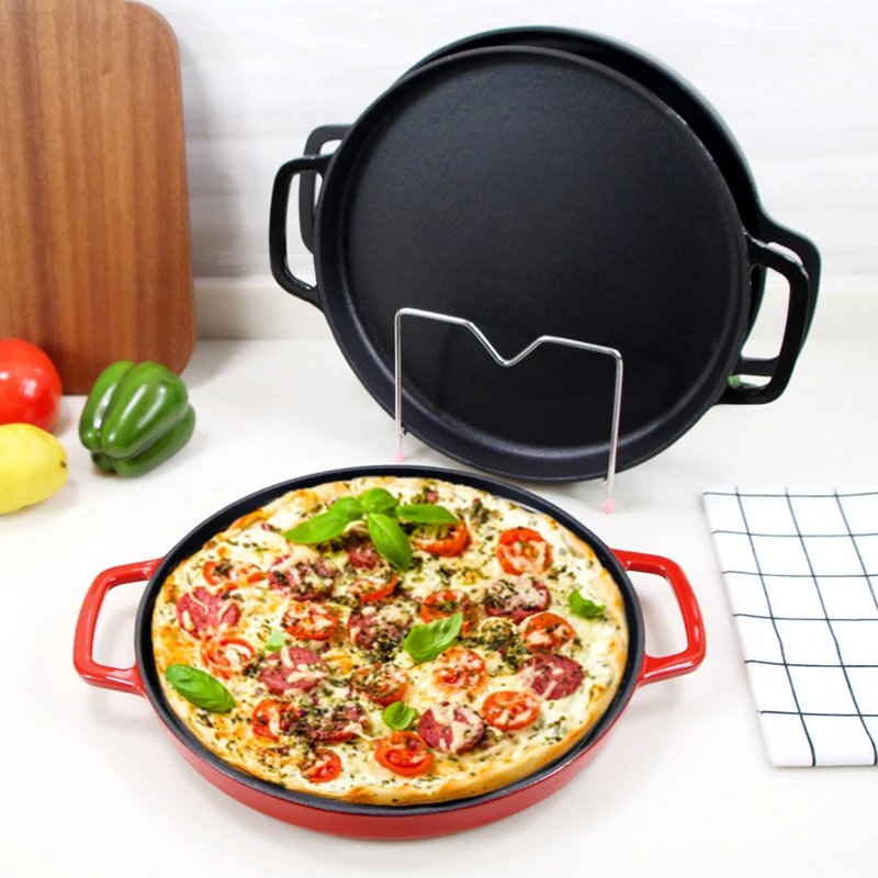 Round Dia 12" Inch 30cm Enameled or Pre-Seasoned Cast Iron Pizza Pan Flat Skillet Baking Pan Pizza Cooker Cast Iron Bakeware Cookware Pre-Seasoned Comal